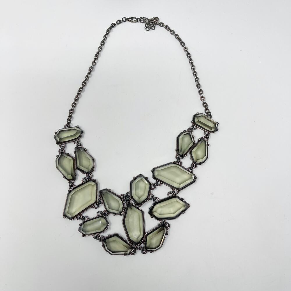 Gray Green Lucite Bib Statement Necklace Silver Tone Chainlink Fashion